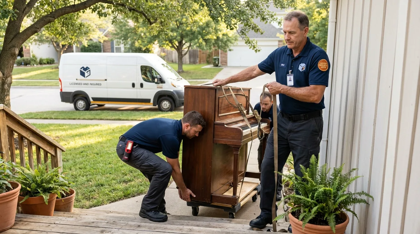Licensed piano movers securing grand piano in Geneva, IL